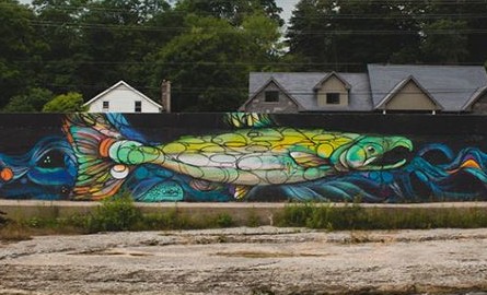 Image of the outdoor painted Salmon Mural